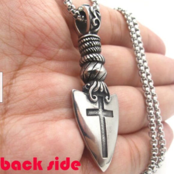 Stainless Steel Gothic Arrow Cross Arrowhead Pendant Necklace - Picture 2 of 5